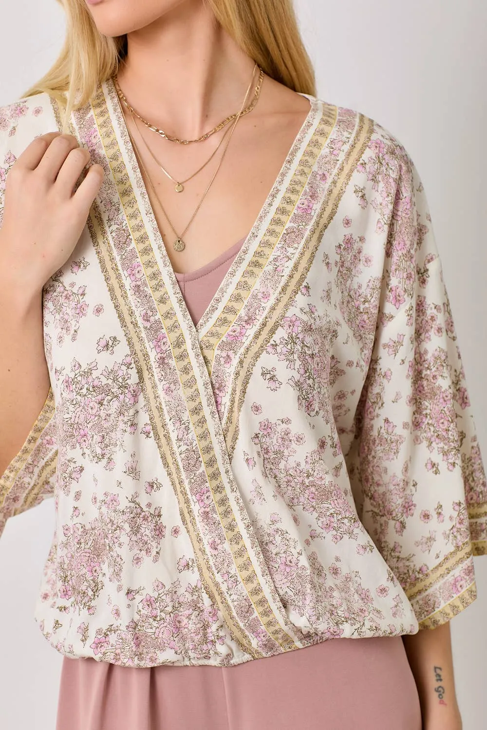 3/4 Sleeve Ivory Floral Kimono Wrap Top