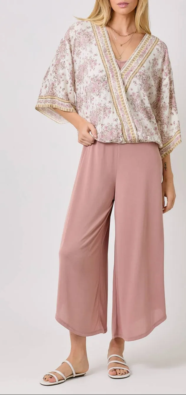 3/4 Sleeve Ivory Floral Kimono Wrap Top
