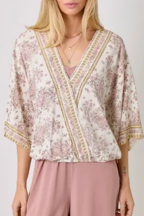 3/4 Sleeve Ivory Floral Kimono Wrap Top
