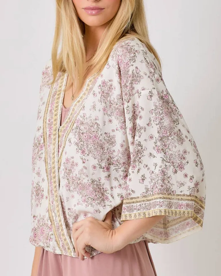 3/4 Sleeve Ivory Floral Kimono Wrap Top