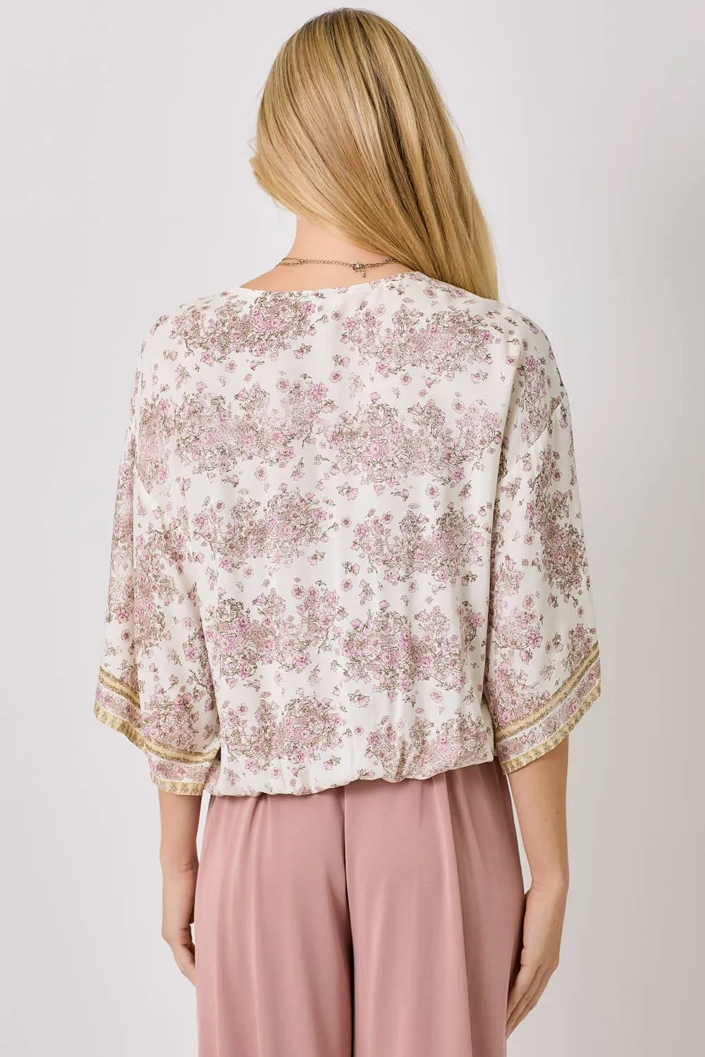 3/4 Sleeve Ivory Floral Kimono Wrap Top