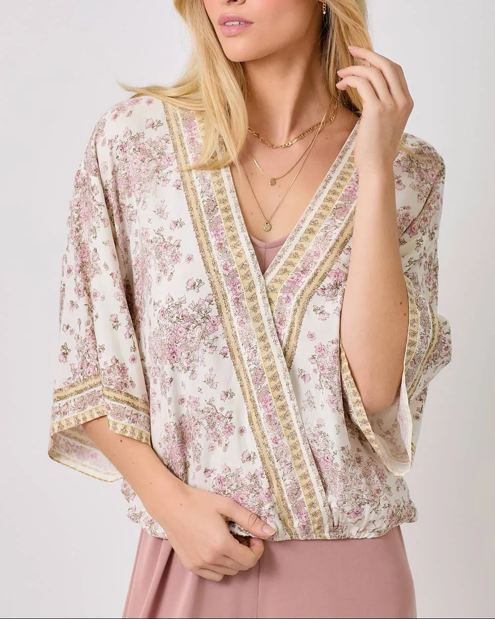 3/4 Sleeve Ivory Floral Kimono Wrap Top