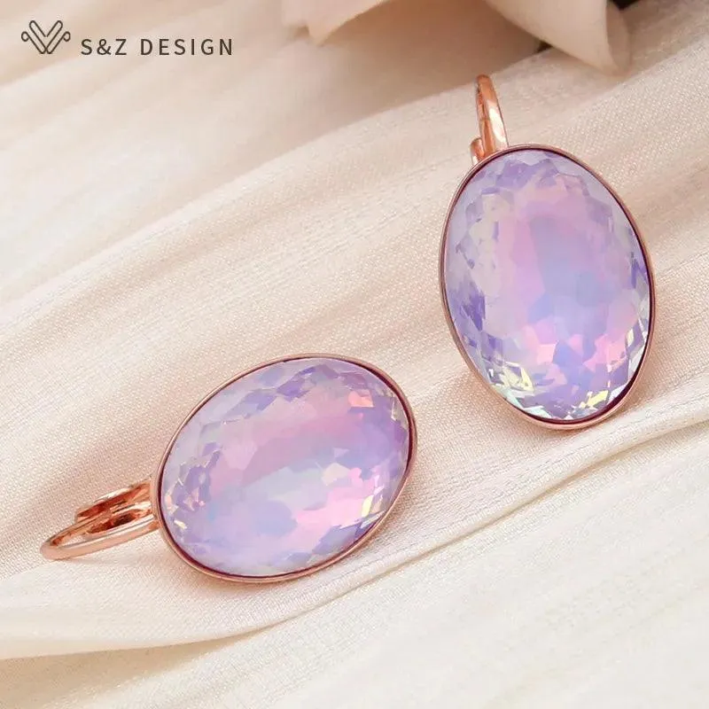 585 Rose Gold Color Big Oval Egg Shape Crystal Dangle Earrings