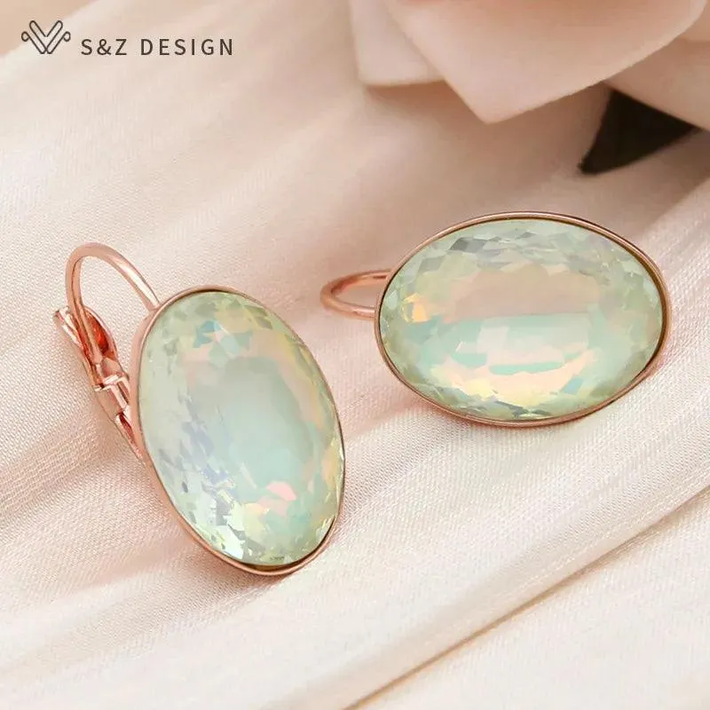 585 Rose Gold Color Big Oval Egg Shape Crystal Dangle Earrings