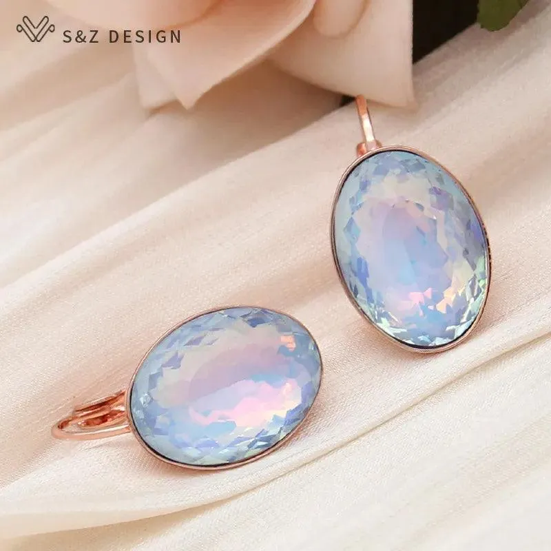 585 Rose Gold Color Big Oval Egg Shape Crystal Dangle Earrings