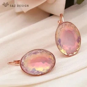 585 Rose Gold Color Big Oval Egg Shape Crystal Dangle Earrings