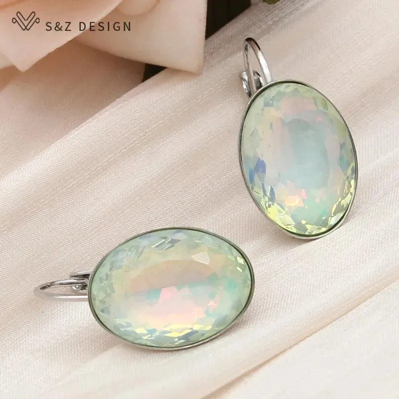585 Rose Gold Color Big Oval Egg Shape Crystal Dangle Earrings