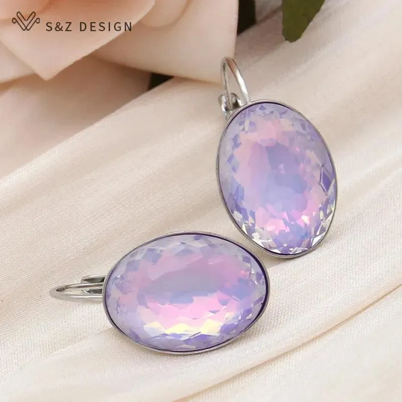 585 Rose Gold Color Big Oval Egg Shape Crystal Dangle Earrings