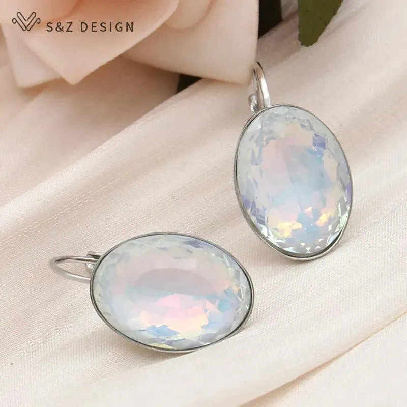 585 Rose Gold Color Big Oval Egg Shape Crystal Dangle Earrings