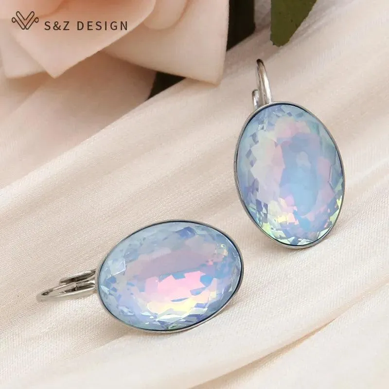 585 Rose Gold Color Big Oval Egg Shape Crystal Dangle Earrings