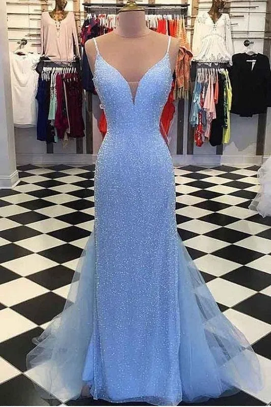 Blue Dazzling Beading Sheath Prom Dress | Formal Graduation Dress