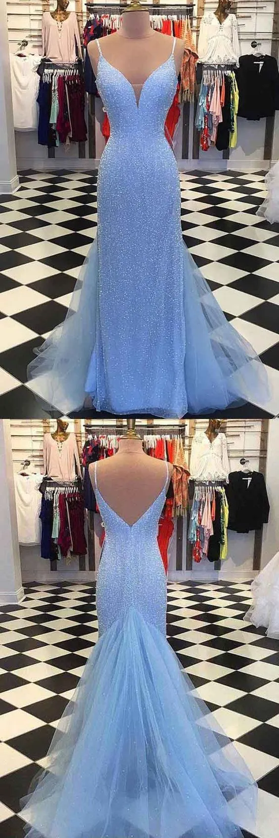 Blue Dazzling Beading Sheath Prom Dress | Formal Graduation Dress