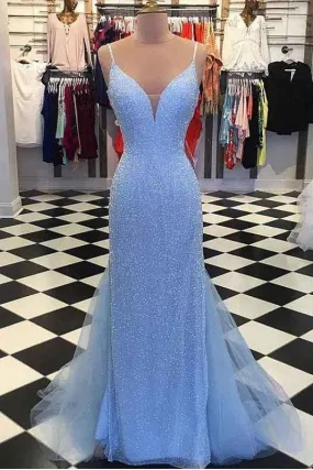 Blue Dazzling Beading Sheath Prom Dress | Formal Graduation Dress