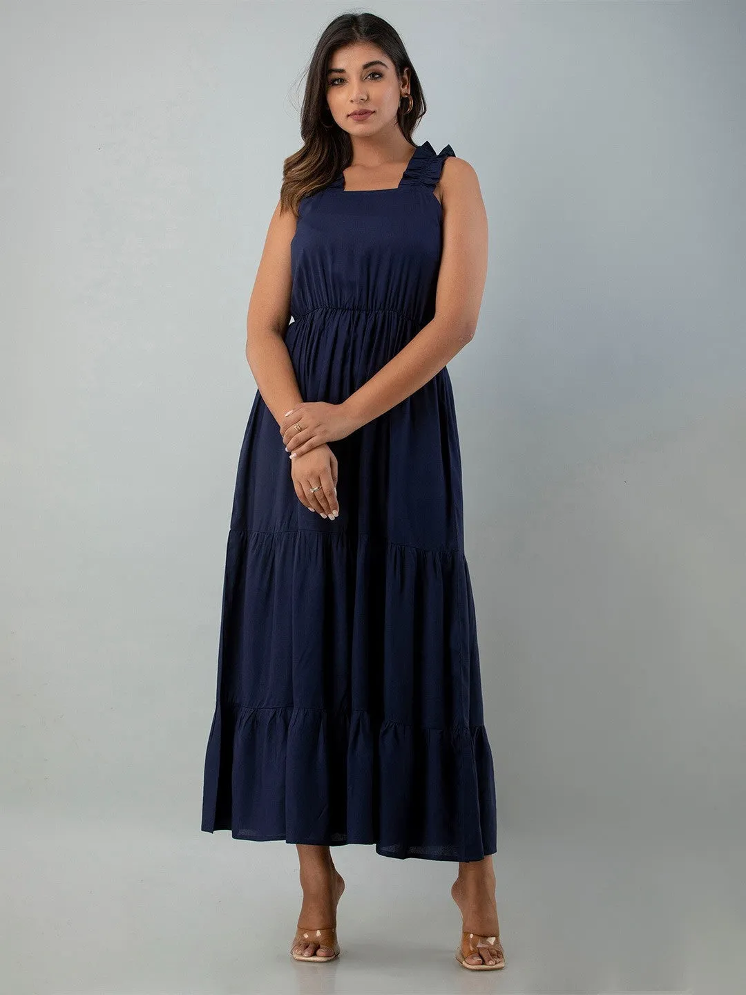 Blue Solid Sleevless Maxi Dress
