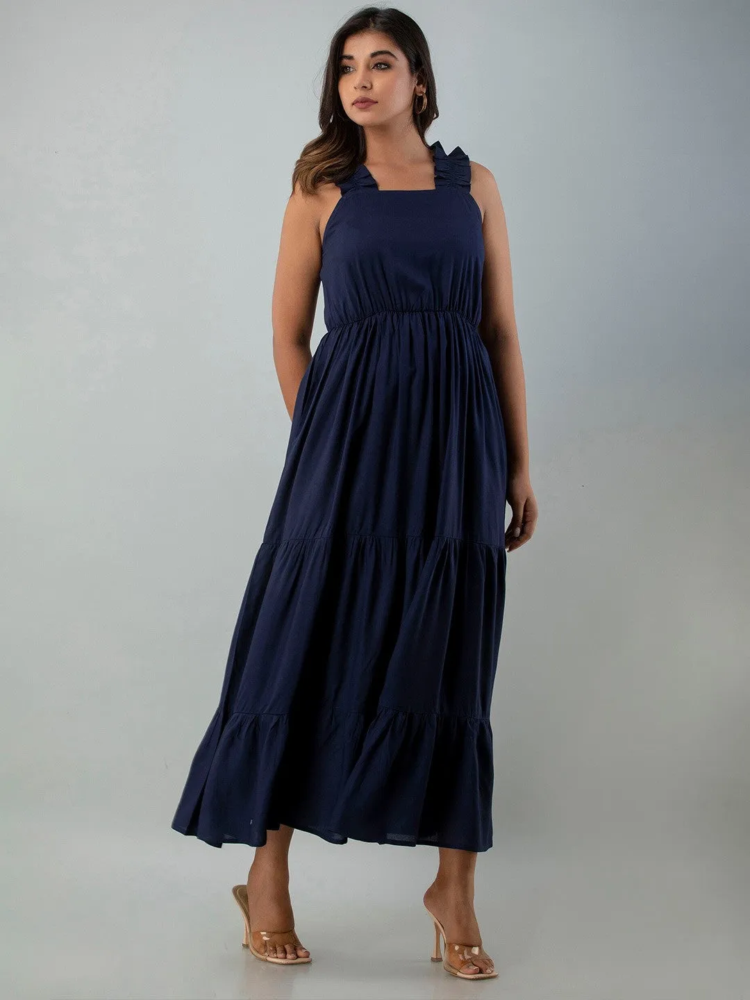 Blue Solid Sleevless Maxi Dress