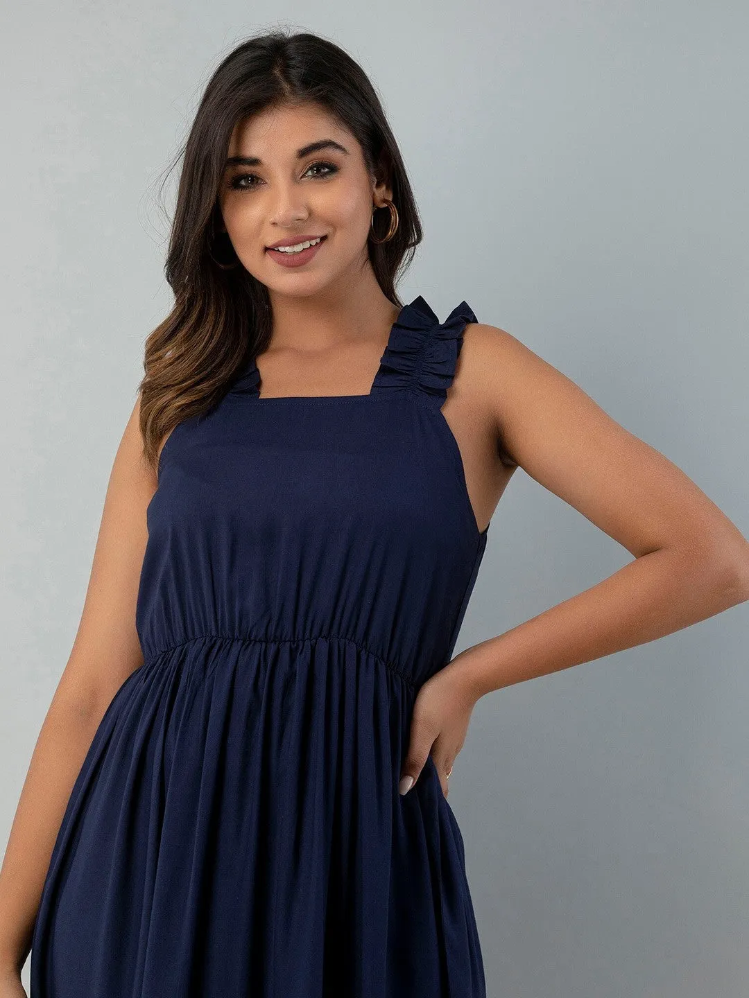 Blue Solid Sleevless Maxi Dress