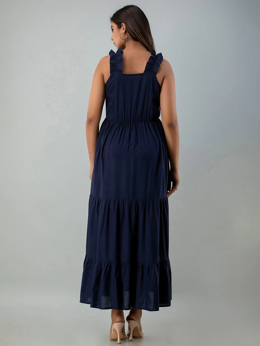Blue Solid Sleevless Maxi Dress