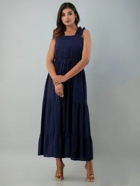 Blue Solid Sleevless Maxi Dress