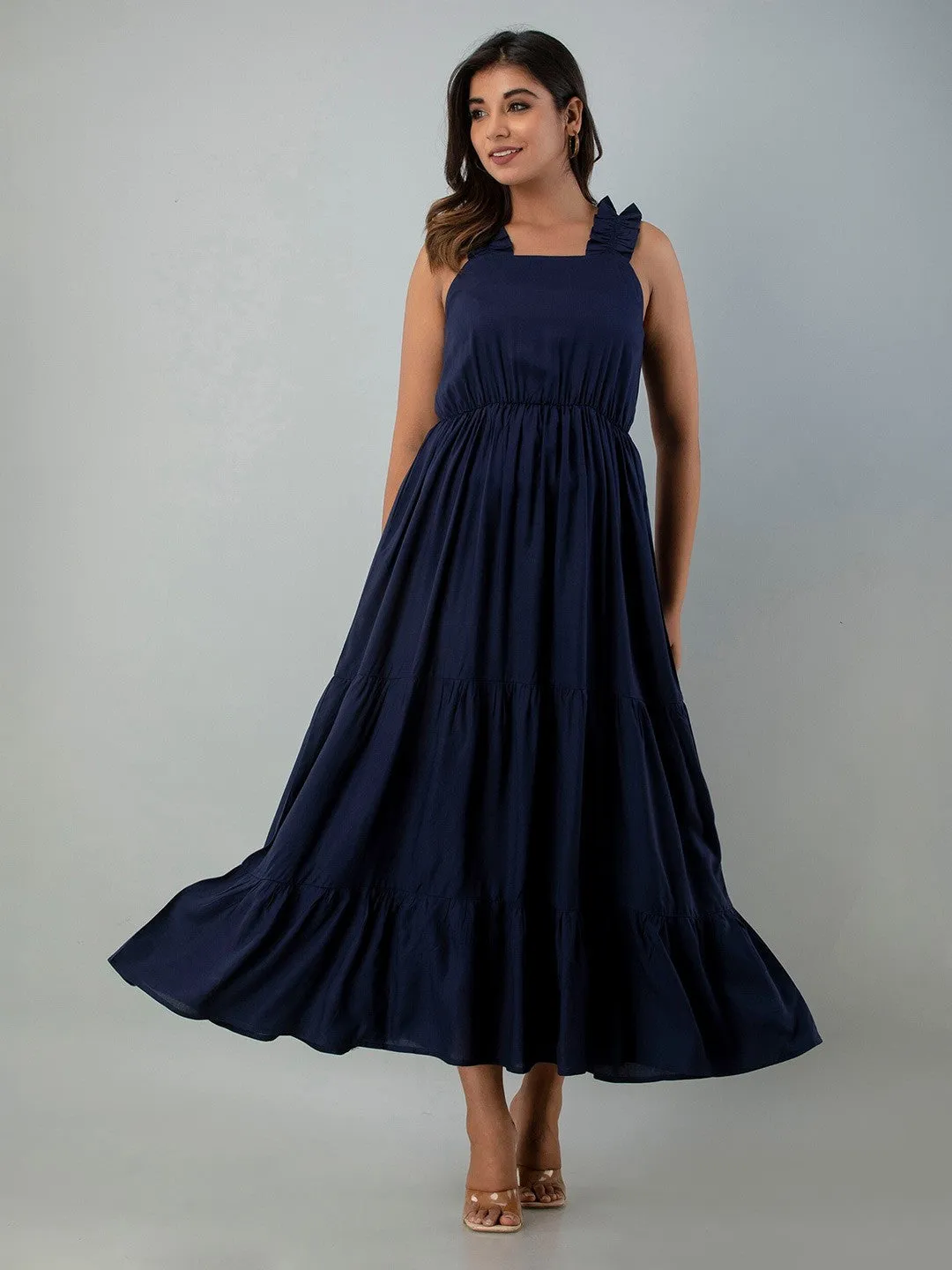 Blue Solid Sleevless Maxi Dress