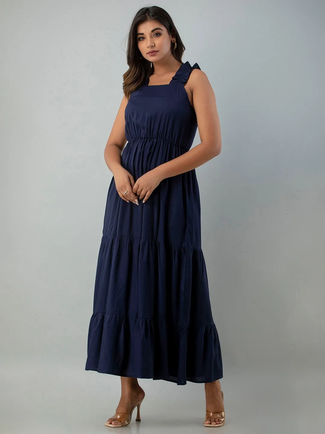 Blue Solid Sleevless Maxi Dress
