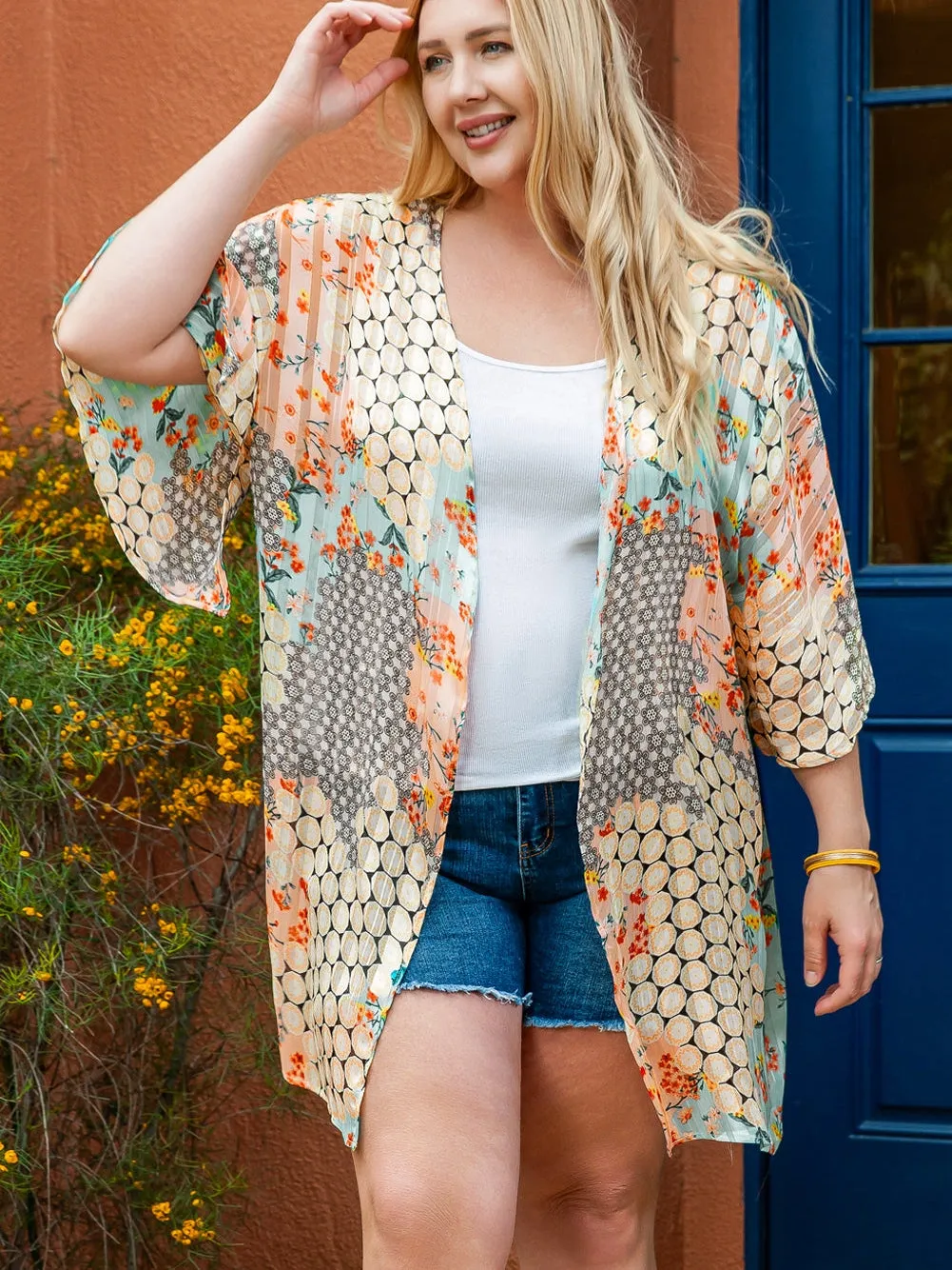 Bohemian Green Floral Print Oversized Kimono
