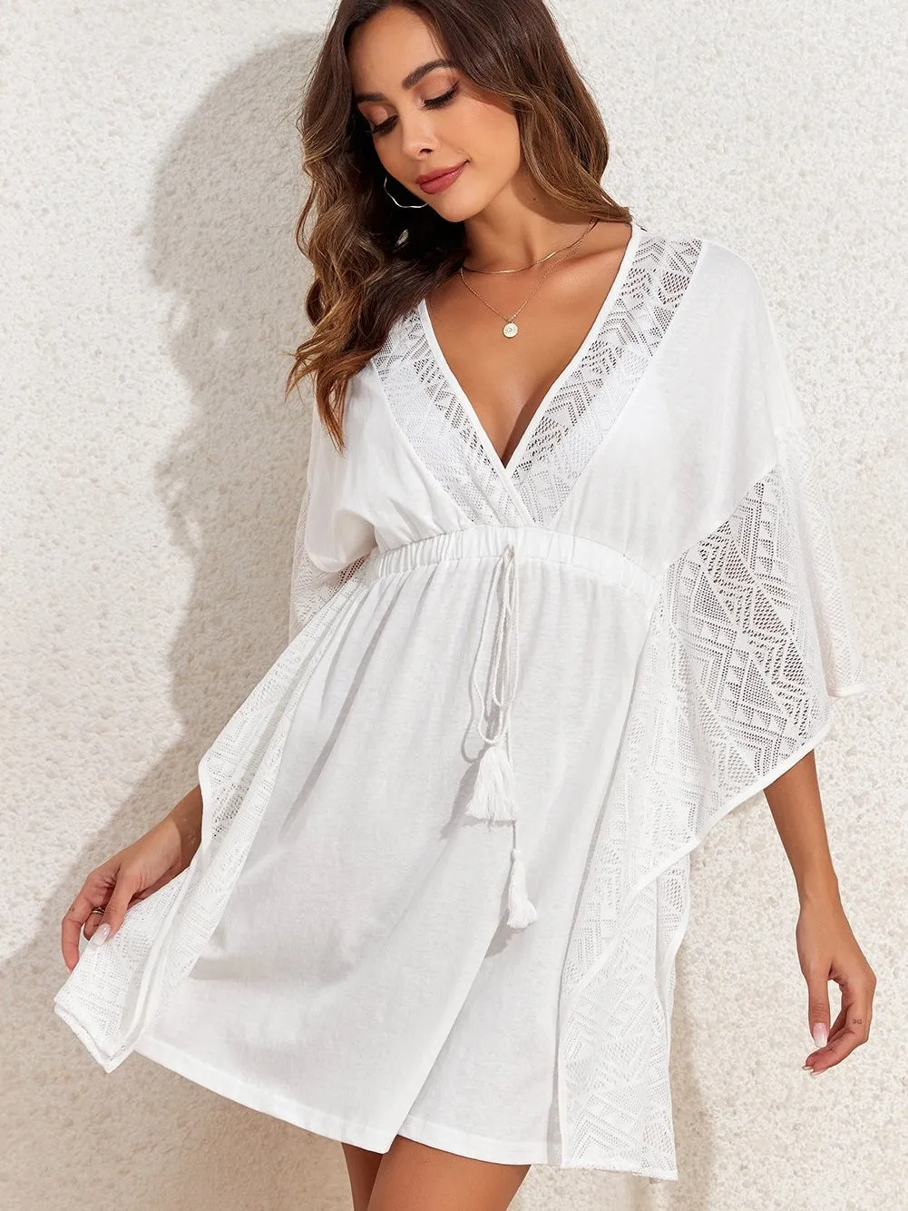 Bohemian White Lace Kimono Beach Cover-Up with Tassel Detail