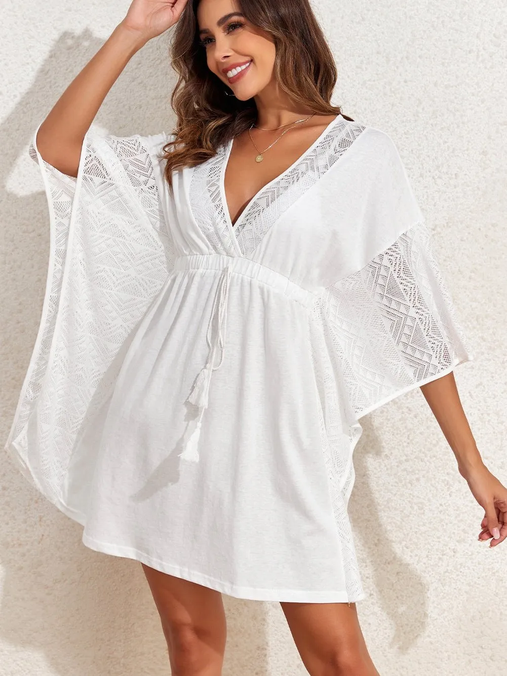 Bohemian White Lace Kimono Beach Cover-Up with Tassel Detail