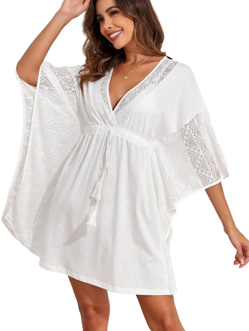 Bohemian White Lace Kimono Beach Cover-Up with Tassel Detail