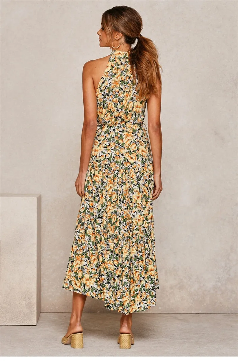 Boho Maxi Dress, Halter Dress, Meadowsweet in Yellow Tulip
