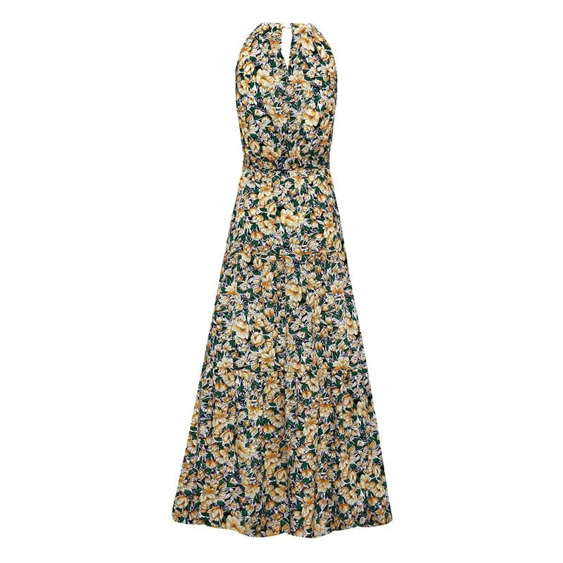 Boho Maxi Dress, Halter Dress, Meadowsweet in Yellow Tulip