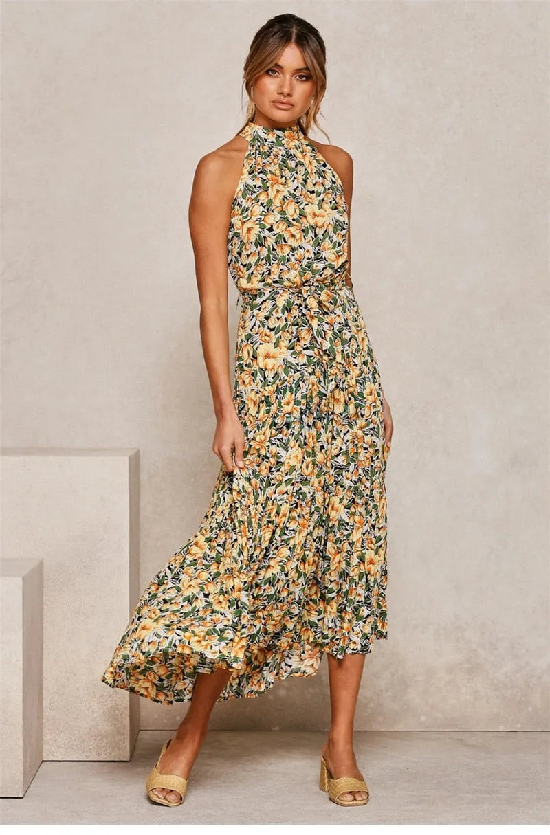 Boho Maxi Dress, Halter Dress, Meadowsweet in Yellow Tulip