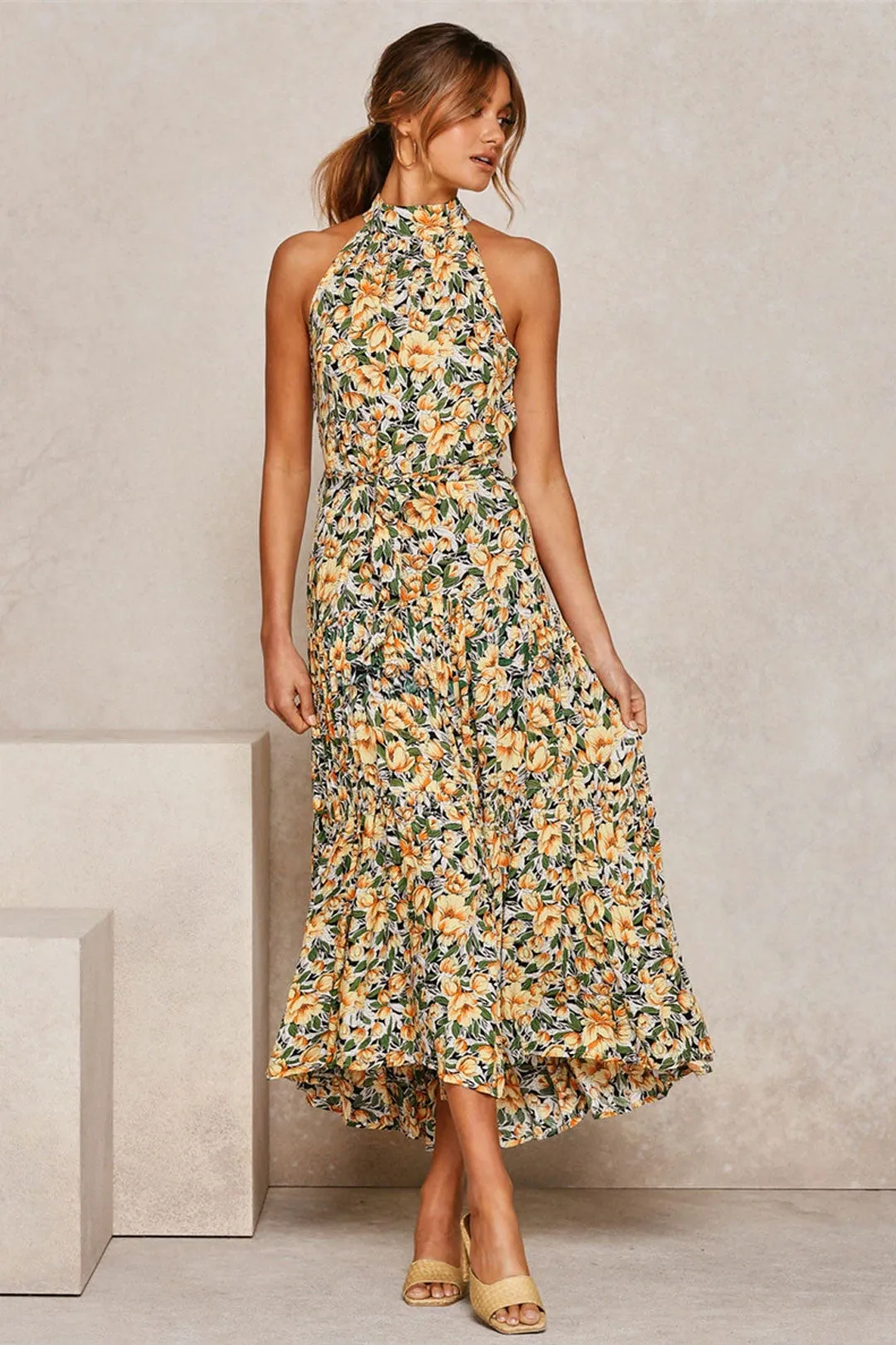 Boho Maxi Dress, Halter Dress, Meadowsweet in Yellow Tulip