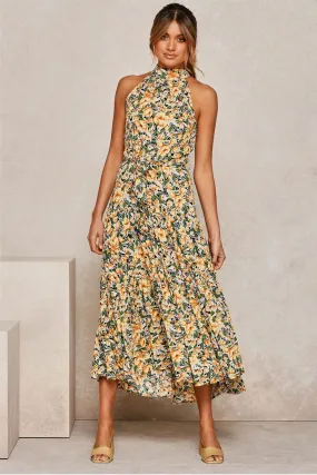 Boho Maxi Dress, Halter Dress, Meadowsweet in Yellow Tulip
