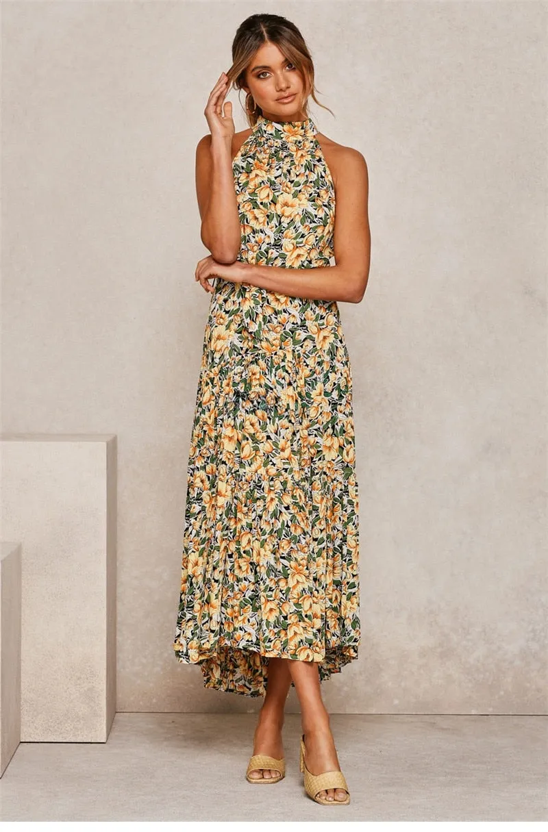 Boho Maxi Dress, Halter Dress, Meadowsweet in Yellow Tulip