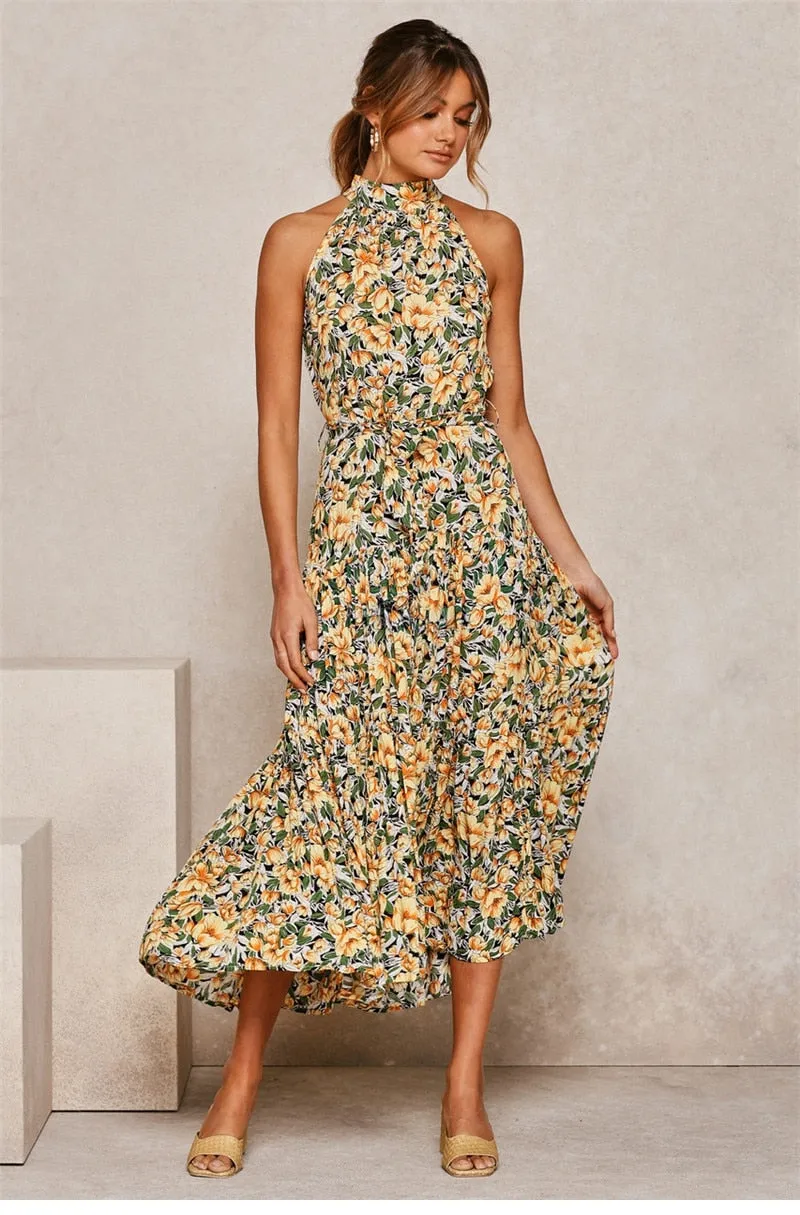 Boho Maxi Dress, Halter Dress, Meadowsweet in Yellow Tulip