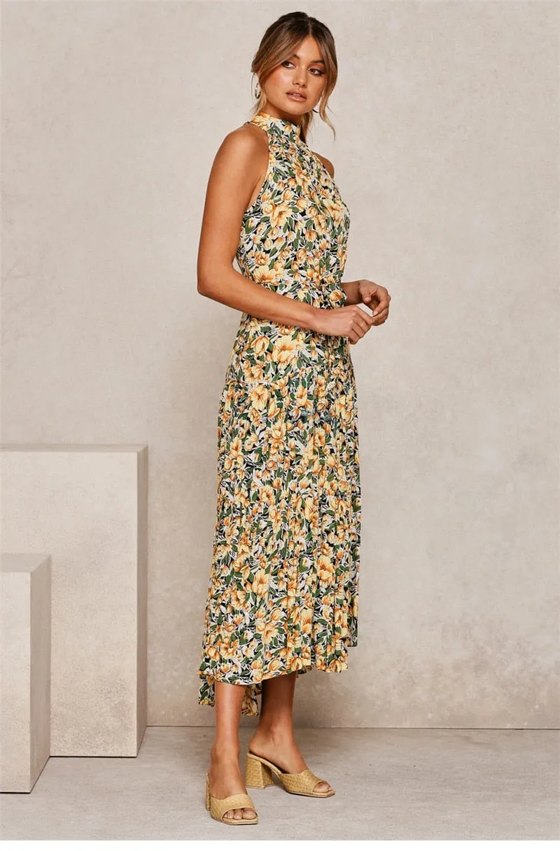 Boho Maxi Dress, Halter Dress, Meadowsweet in Yellow Tulip
