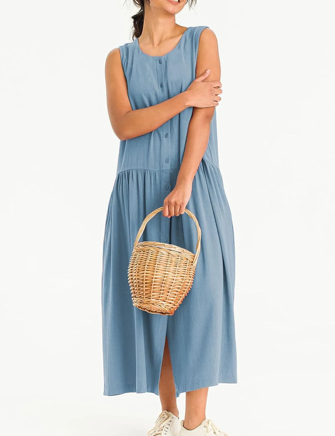 Bozanly Summer Sleeveless Maxi Dress for Women Button Down Midi Dresses with Pockets Solid Color Loose Flowy Beach Dress