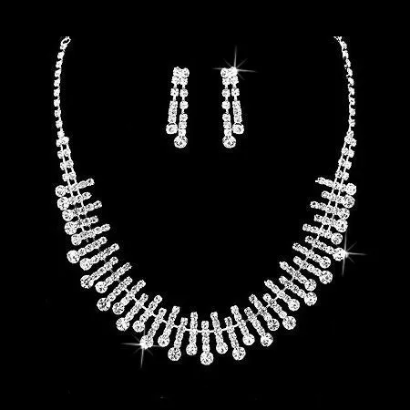 Bridal Wedding Jewelry Set Crystal Rhinestone Chic Trendy Necklace Silver Clear