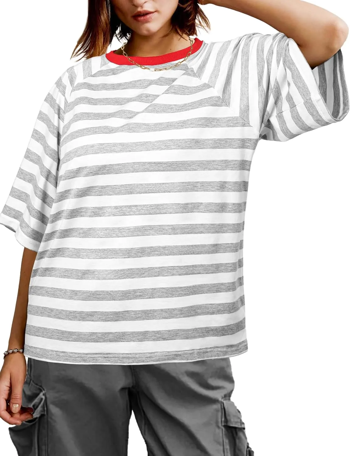 Buauty Women Oversized Striped T Shirts, Color Block Summer Tops, Crew Neck Short Sleeve Casual Tee, Fashion Trendy Loose Top