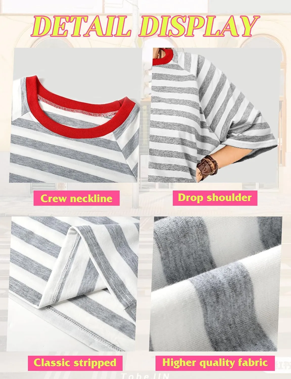 Buauty Women Oversized Striped T Shirts, Color Block Summer Tops, Crew Neck Short Sleeve Casual Tee, Fashion Trendy Loose Top