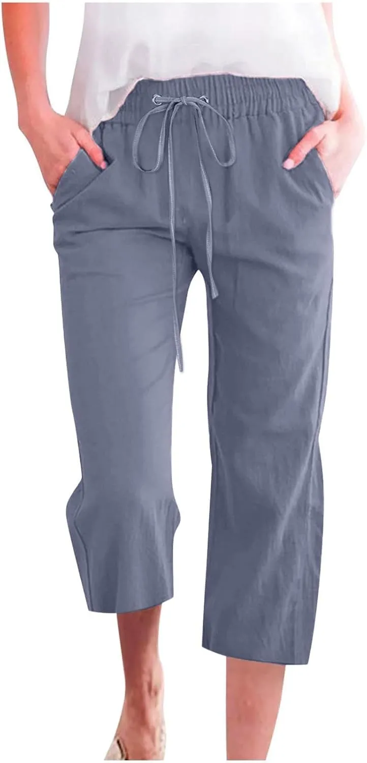 Capri Pants for Women 2025 Swmmer Elastic Waist Linen Pants Drawstring Straight Leg Capris Comfy Lounge Pants Trousers