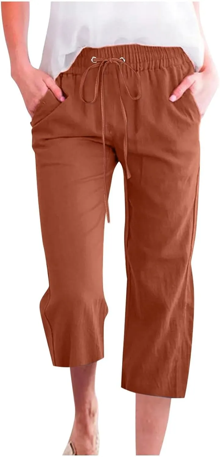 Capri Pants for Women 2025 Swmmer Elastic Waist Linen Pants Drawstring Straight Leg Capris Comfy Lounge Pants Trousers