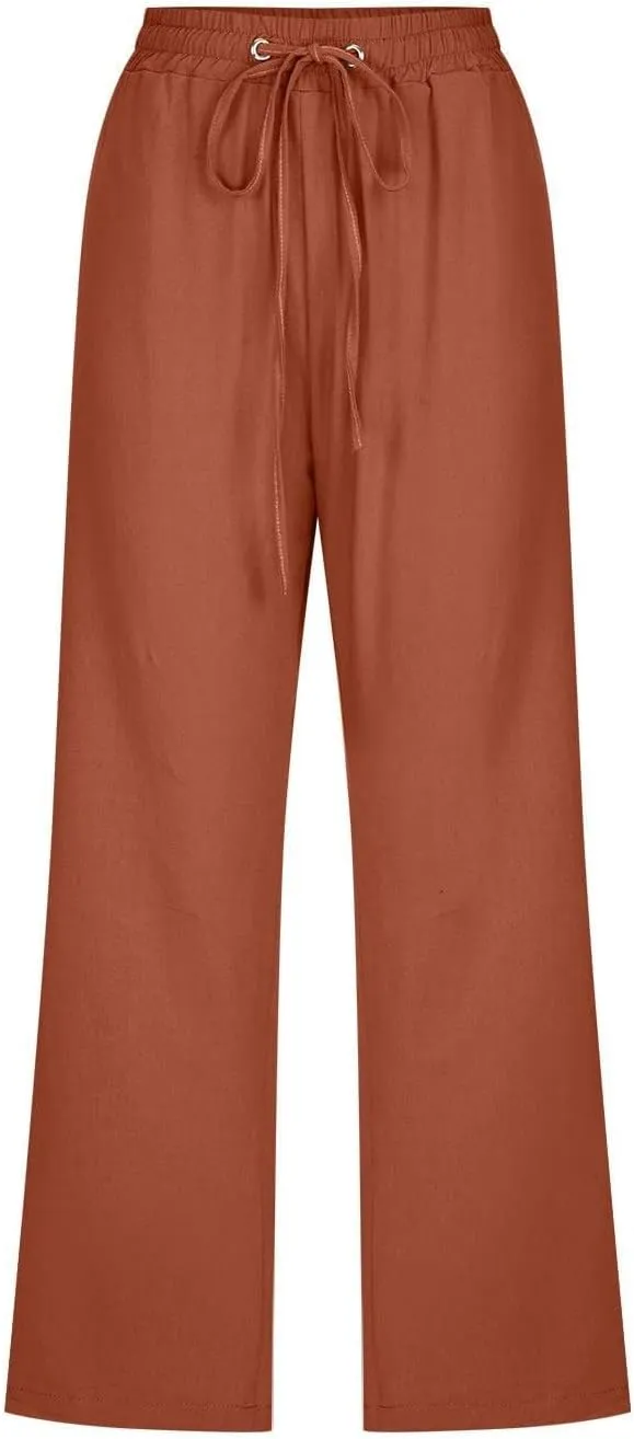 Capri Pants for Women 2025 Swmmer Elastic Waist Linen Pants Drawstring Straight Leg Capris Comfy Lounge Pants Trousers