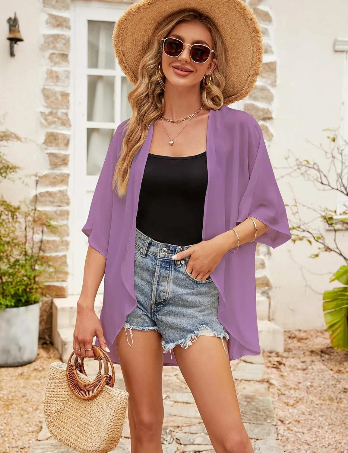 Chunoy Women Floral Print Lightweight Chiffon Kimono Cardigan Short Sleeve Loose Beach Wear Cover Up Blouse Top