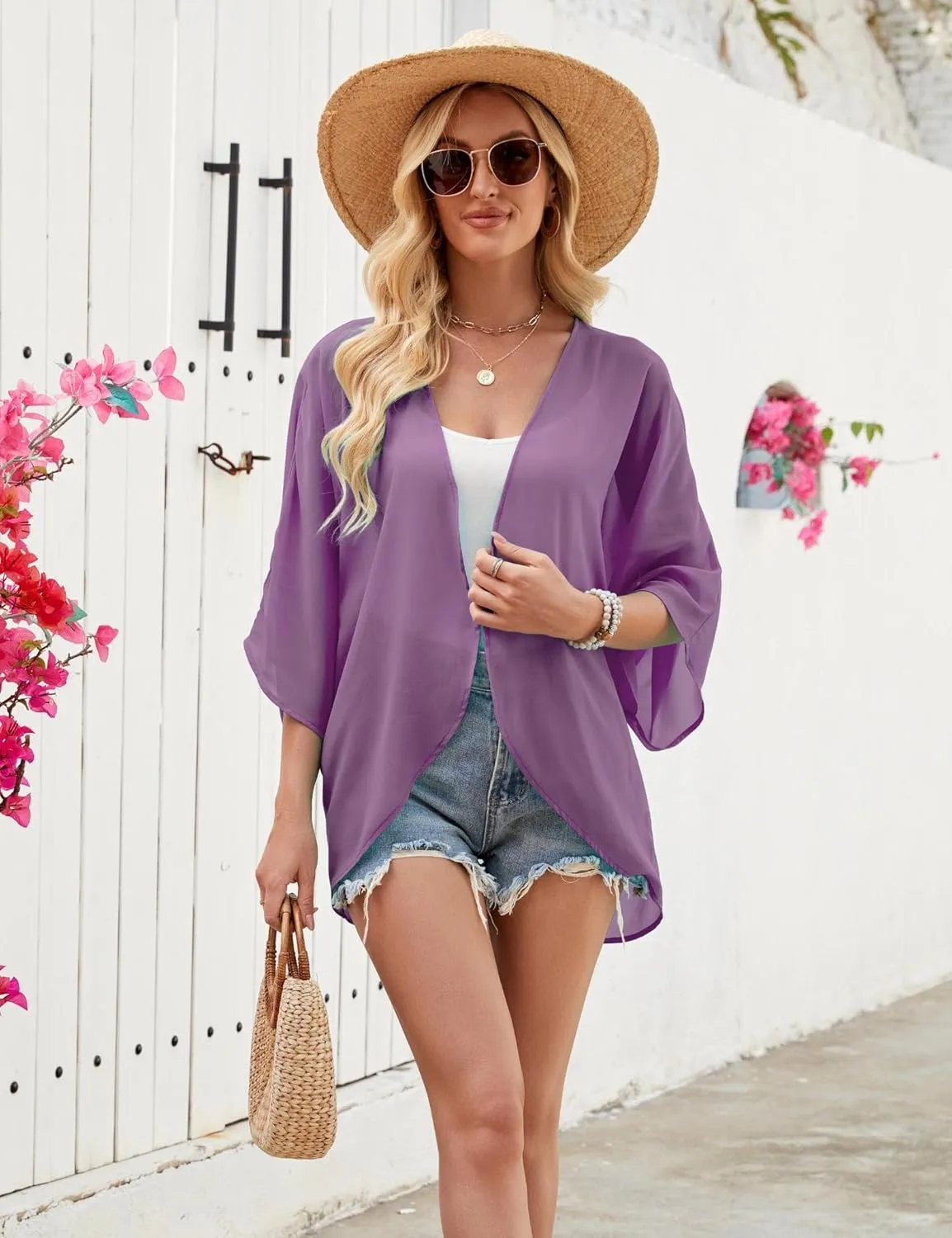 Chunoy Women Floral Print Lightweight Chiffon Kimono Cardigan Short Sleeve Loose Beach Wear Cover Up Blouse Top