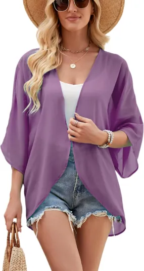 Chunoy Women Floral Print Lightweight Chiffon Kimono Cardigan Short Sleeve Loose Beach Wear Cover Up Blouse Top