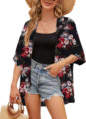 Chunoy Women Floral Print Lightweight Chiffon Kimono Cardigan Short Sleeve Loose Beach Wear Cover Up Blouse Top