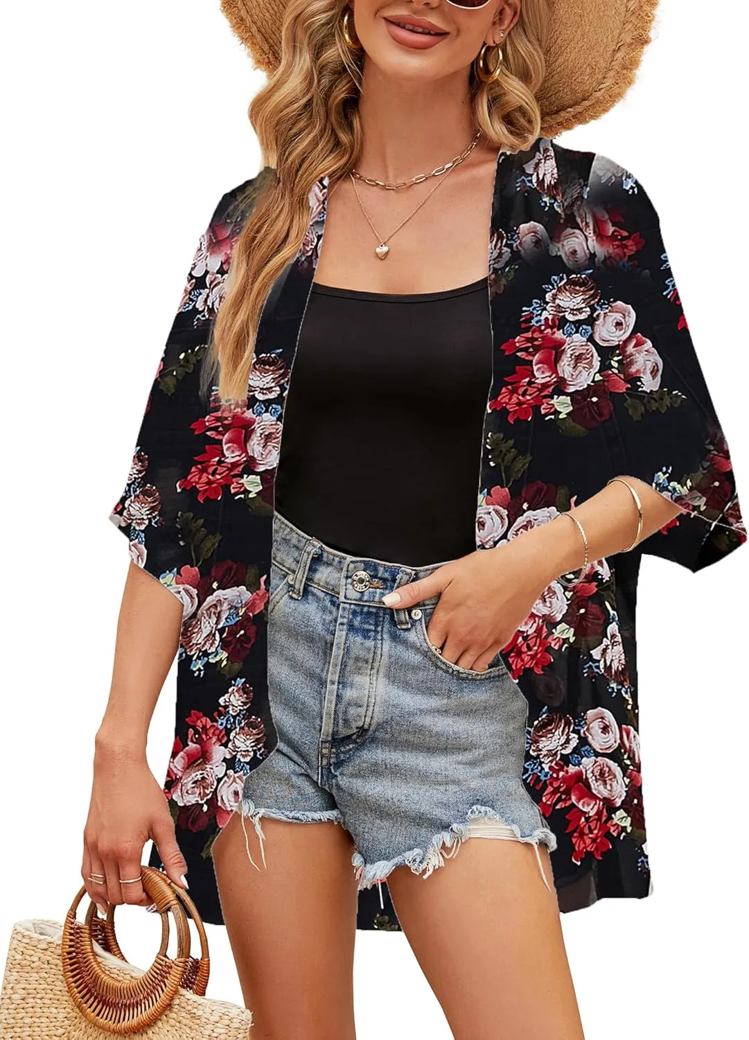 Chunoy Women Floral Print Lightweight Chiffon Kimono Cardigan Short Sleeve Loose Beach Wear Cover Up Blouse Top