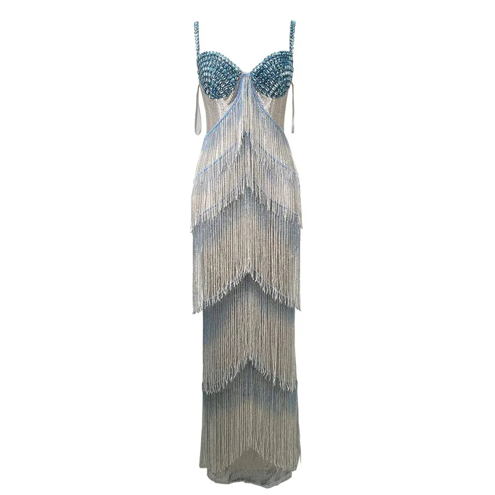 Crystal Gemstone Maxi Dress with Rhinestone Chain Fringe – Sweetheart Neckline, Spaghetti Straps, and Sequin Beaded Bodice