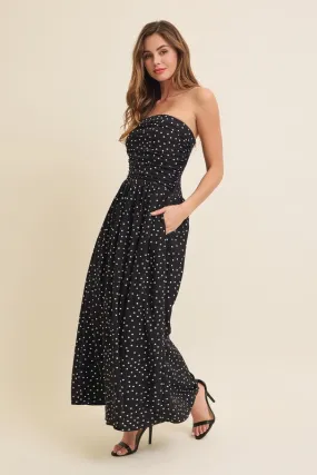 Darcy Sleeveless Ruched Polka Dot Print Maxi Dress Black